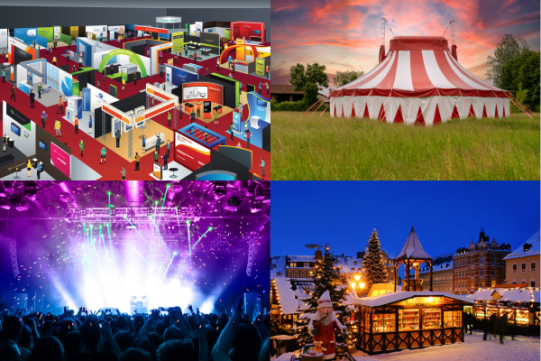 Bild aus mehreren Bildern mit Messeständen, Zirkuszelt, Konzert und Weihnachtsmarkt