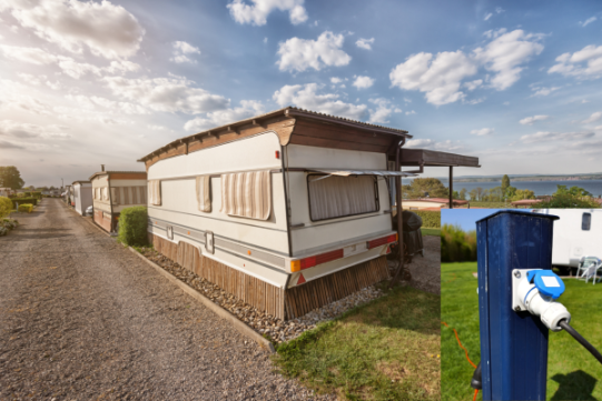 fixer Wohnwagen auf einem Camping mit Direktanschluss